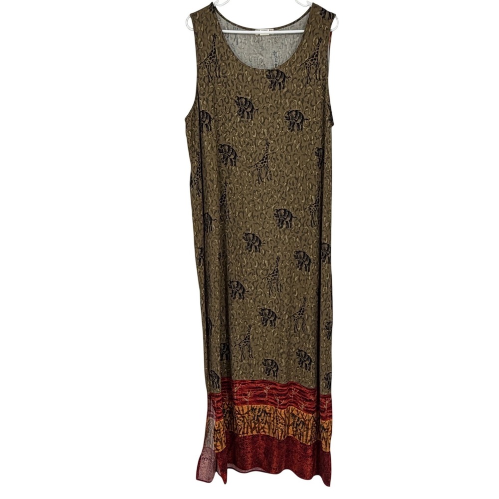 Vintage Notations Woman Safari Elephant Giraffe Print Rayon Maxi Dress Brown 1X